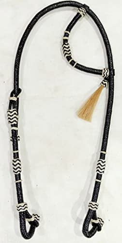 Leder One Ear Western Headstall Trensenzaum mit handgeflochtenen, schwarzen und weißen Rohlederknoten, Haarquaste, schwarze Farbe, rohes Leder, geflochtene Kopfstütze