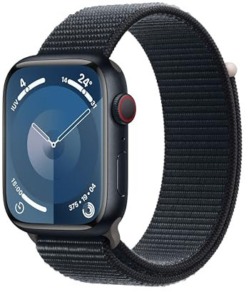 Apple Watch Series 9 [GPS + Cellular] Smartwatch con Caja de Aluminio en Color Medianoche de 45 mm y Correa Loop Deportiva Color Medianoche. Monitor de entreno, Neutro en Carbono