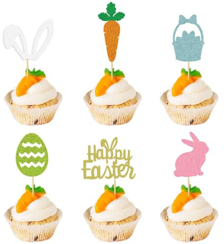 MGPFERD 24 Pcs Happy Easter Egg Cupcake Toppers Carrot Rabbit Easter Party Cake Decoration Dessert Insert