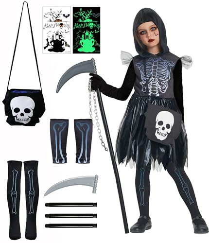 IKALI Girls Grim Reaper Costume, 6 Pcs Skeleton Death Dress Up Outfit Costumes for Kids Girl Halloween Party 4-6Y