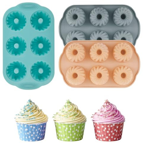 RHAIQBVC 3Pcs Mini Fluted Cake Pans 6 Cavity Fluted Tube Cake Pans Nonstick Mini Cake Pan Heat Resistant Silicone Spiral Cake Mold Food Grade Silicone Cupcake Mold for Baking Cupcakes Muffins