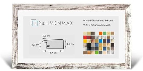 RahmenMax® Toskana Bilderrahmen Bildmaß 38x98 cm zum Aufhängen/Maßanfertigung möglich/MDF Posterrahmen in Weiß Vintage mit Acrylglas klar/Puzzle Rahmen