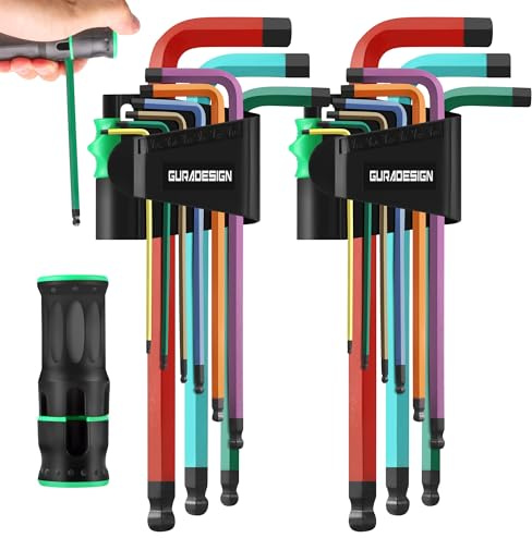 GURADESIGN 19-Piece Allen Key Set, Hex Key Set,Metric and SAE Alan Keys Sets Extra Long with Ball End T-Handle, MM(1.5mm-10mm),SAE(5/64-3/8) Chrome Vanadium Steel