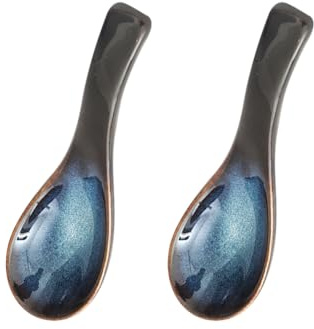 JIHUOO 2 Pcs Ceramic Chinese Soup Spoons Blue Japanese Ramen Spoons Asian Wonton Spoons Cereal Noodles Spoons Appetizer Rice Spoons Dinner Spoons for Eating