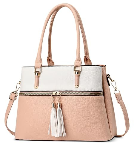 FOLOVEYA Sac a Main Femme Tendance Sacs Bandoulière en Cuir PU Elégant Sacs Épaule portés Main Multipoches Sac Fourre Tout Sac Cabas Grande pour Voyage Affaires Travail Blanc Rose