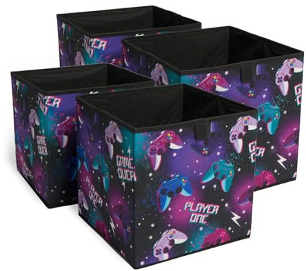 OHS Set of 4 Fabric Storage Boxes Home Organiser Toys Clothing Bathroom Pop Up Collapsible Foldable Gaming Print Cube Storage Space Saving Kids Storage Baskets, Black