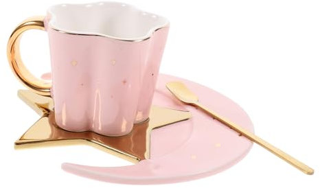 Alipis Tazza Da Caffè in Ceramica Con Piattino Forma Di Stelle e Mezzaluna e Cucchiaino Elegante Multifunzione Per Tè Latte e Acqua Per Casa e Bar