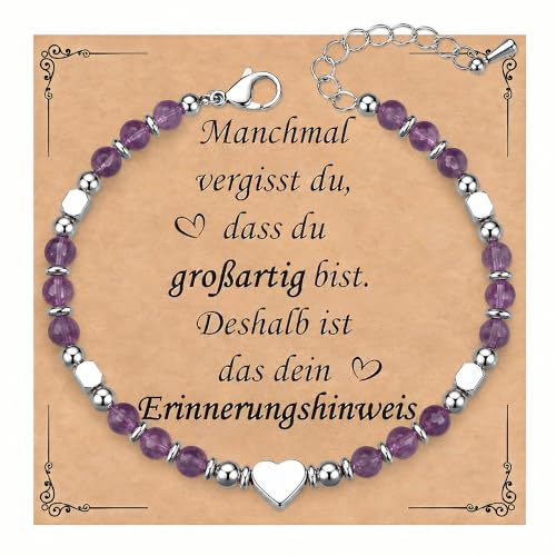 Armband Silber Herz Damen Geschenk, 4MM Natursteine Edelstahl Perlenarmband | Frauen Armbänder mit Herz Charm, Freundin Schwester Mutter Mode Schmuck Geschenke für Weihnachten Valentinstag Geburtstag