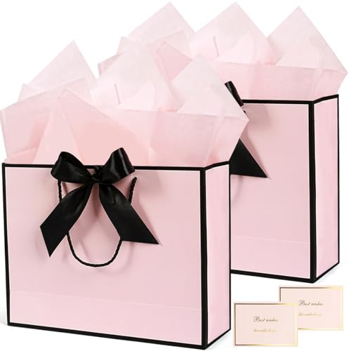 2 Stück Rosa Geschenktüten Mittel, Rosa Schwarz Geschenktüte Set mit Seidenpapier und Grußkarte, Papiertüten Mitgebsel mit schleife, Geschenktaschen Geschenktüten für Geburtstag, Party, Hochzeit