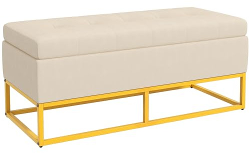 HOMCOM Panca Contenitore Rettangolare con Seduta Imbottita e Gambe in Acciaio, Pouf Poggiapiedi in Velluto per Camera da Letto e Soggiorno, 110x44x49 cm, Beige