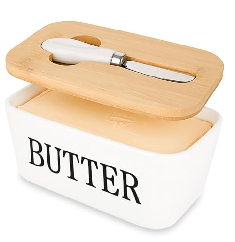Butter Dish with Lid and Knife, Butter Dish with lid Ceramic, Large Capacity with Double Silicone Seals for Butter Nuts Cheese(500ml/White)