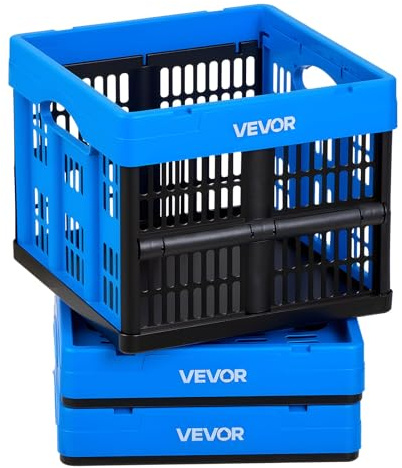 VEVOR Cajas de Almacenaje Plegables de Plástico 25 L, 3 Unidades, Contenedores de Almacenaje sin Tapa, con Asas, Soporta 10 kg, Ahorra Espacio para Organización Camping Coche Hogar, Color Azul y Negro
