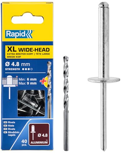 Rapid blindnitar stort huvud Ø 4,8 mm, 9–12 mm klämområde, 40 st. Aluminiumnitar, set inklusive borr, för blinda nitar