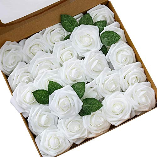 Ksnnrsng Künstliche Rosen Blumen Schaumrosen Foamrosen Kunstblumen Rosenköpfe Gefälschte Kunstrose Rose DIY Hochzeit Blumensträuße Braut Zuhause Dekoration (25 Stück, Weiß)