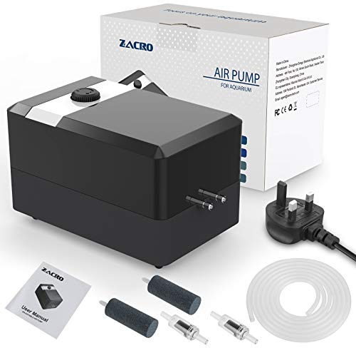 Zacro Aquarium Air Pump - Ultra Silent Oxygen Pump with Dual Outlet Adjustable Air Valve, Air Volume 2 * 5L/min 6 W, Up to 130 Gallon Tank