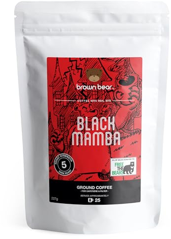 High Caffeine Strong Robusta Strongest Ground Coffee 227g - For French Press Cafetiere Filter Drip V60 Aeropress - Brown Bear Black Mamba Blend - Our Strongest Coffee Ever - Extra Strong Dark Roast