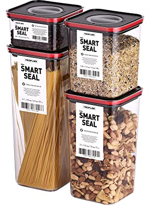 Neoflam® Vorratsdosen mit Deckel luftdicht & Einhanddrehverschluss | Vorratsdosen - BPA frei | Aufbewahrungsbox Küche | Vorratsboxen mit Deckel | schwarz/rot - je 1x 0.55L, 1.35L, 2.1L, 2.7L