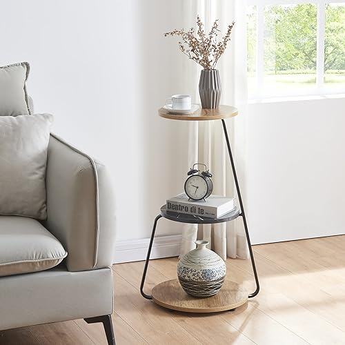 [en.casa] Tavolino da Divano (AxLxP) 74 x 46 x 37 cm Tavolino Basso con Telaio in Metallo e 3 Piani d'Appoggio - Effetto Noce/Marmo Nero