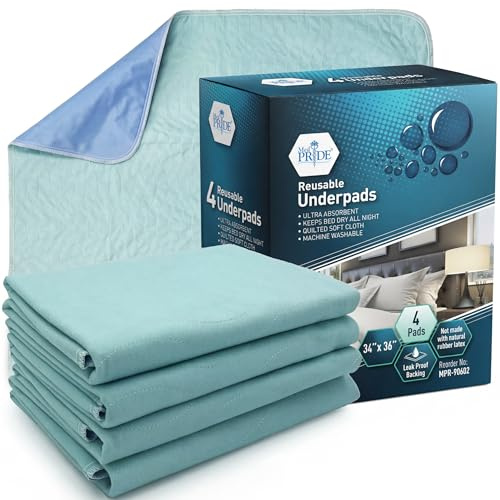 MED PRIDE Reusable Underpads 34 x 36 Inch, 4 Pack Washable Bed Pads, Waterproof Incontinence Bed Protectors, High Absorbency Reusable Chux Pads for Bed, Chair, Sofa & Pet Use