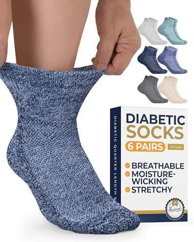 Pembrook - Calcetines tobilleros para diabéticas | 6 pares | Negro, blanco, beige, aguamarina, azul, azul marino | Calcetines de mujer de caña ancha para neuropatías | Caña corta | Tallas EE. UU. 9-12