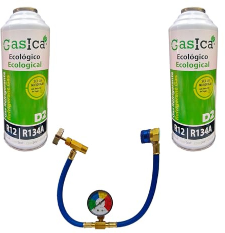 Petroline Gasica D2 226g. (Pack 2 Uds. + Racor con Grifo y Reloj) Botella Refrigerante Orgánico Ecológico Sustituto del R12 y R134A para Recarga de Sistemas Aire Acondicionado Coches