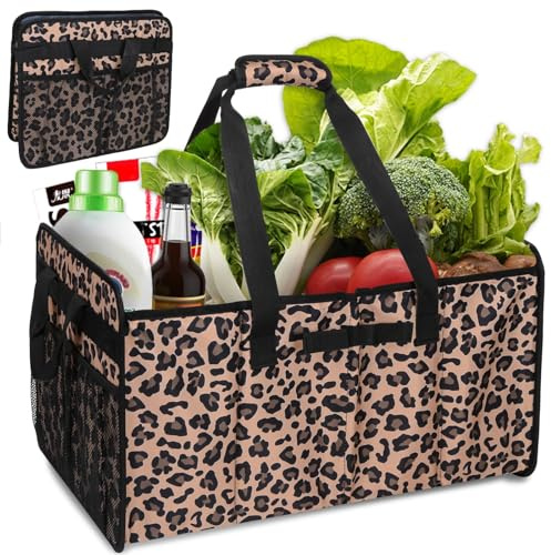 Muzale Reusable Grocery Bags Foldable Extra Large Utility Tote Bag with Wire Frame Heavy Duty Shopping Bags with Handles for Groceries Sturdy Grocery Totes with Pockets for Car Trunk Storage Laundry
