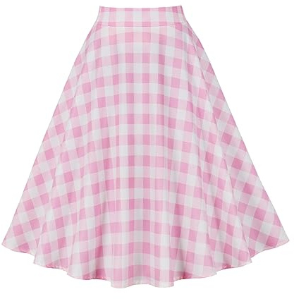 FYMNSI Gonna da donna stile rockabilly, a vita alta, a quadri, maxi, ad A, vintage, svasata, a ruota, lunghezza media, per occasioni speciali, anni '50, a pieghe, a campana, estiva, a piatto, rosa a