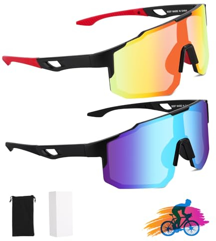 FAOKZE 2 Stück Polarisiert Fahrradbrille,Fahrradbrille Winddicht,Radfahrer Brille für Herren Damen,UV400 Schutz,für Radfahren,Motorradfahren,Laufen,Skifahren,Baseball,Bergsteigen,Angeln etc.