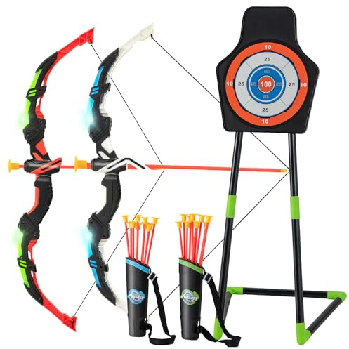 GYMAX Kids Bow and Arrow Set, 2 Pack Archery Set with 2 LED Light Up Bow, 20 Suction Cup Arrows, Standing Target & Arrow Case, Toddler Youth Play Archery Target Set, Recurve Bows for Indoor/Outdoor
