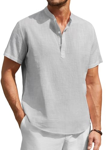 Enlision Camisas Lino Hombre Gris Claro Manga Corta Sin Cuello Mao Camisa Casual para Hombres Verano Camisetas con Botónes Elegantes Playa Ropa XL