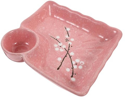 Milisten Sushi Dish with Dipping Bowl Divided Ceramic Plate Salad Plates Ceramic Seasoning Dish Saucer Appetizer Plates Sauce Dish Set Dumpling Plate Pink Dumplings Dipping Sauce