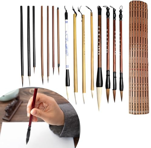 Set di 15 pennelli per calligrafia cinese Kanji, setole di lupo di dimensioni miste, penne per arte giapponese, pennelli per pittura cinese, pennelli da disegno ad acquerello, pennelli con sacchetto