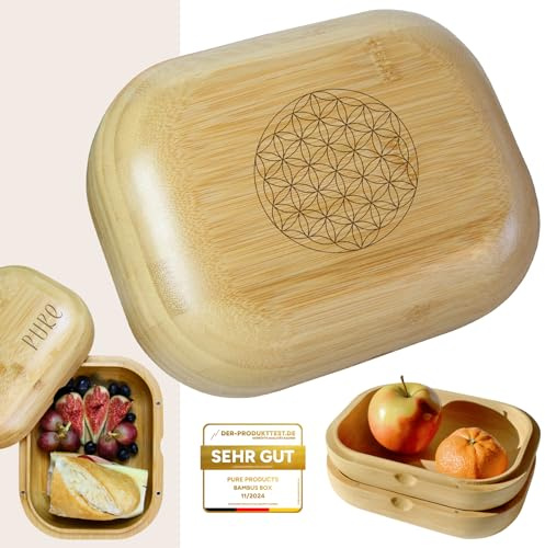 Pure Brotzeitdose, 100% Bambus, Lunchbox fürs Büro mit Magneten, Blume des Lebens, 1000 ml, hochwertig, Outdoor Vesperbox, umweltfreundlich, plastikfrei, BPA-frei, handgefertigt