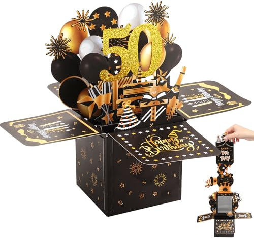 50.Geburtstagskarte, 3D Pop Up Karte Geburtstag, Geburtstagskarte 50, Schwarze Gold Happy Birthday Karte, 50. Geburtstag mit Umschlag, für Frauen Männer Familie Freunden