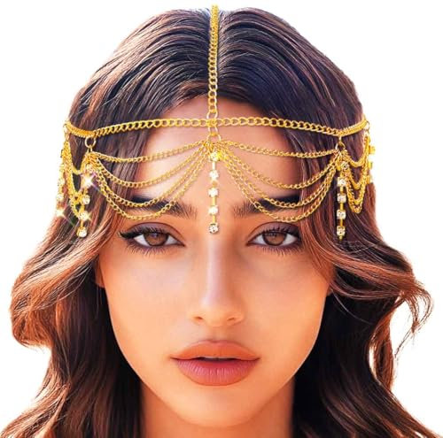 Evlry Boho-Kopfkette mit mehrlagiger Quaste und goldenem Strassstein-Kopfschmuck für Festivals, Haarschmuck für Braut und Hochzeiten, Haarkette für Frauen