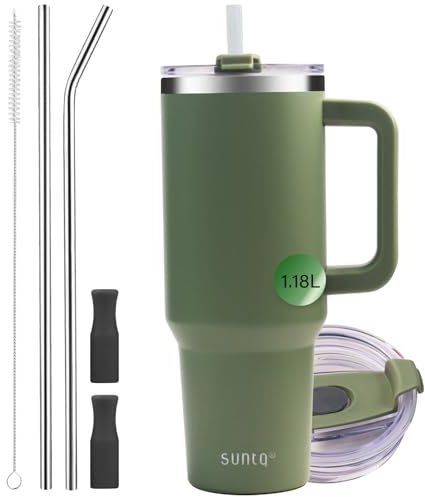 SUNTQ 1180 ml/40 oz tumbler med handtag, dubbelväggig vakuumisolerad vattenflaska med sugrör och lock, rostfritt stål resekaffemugg, termisk kopp för drycker, passar i mugghållare (moss)