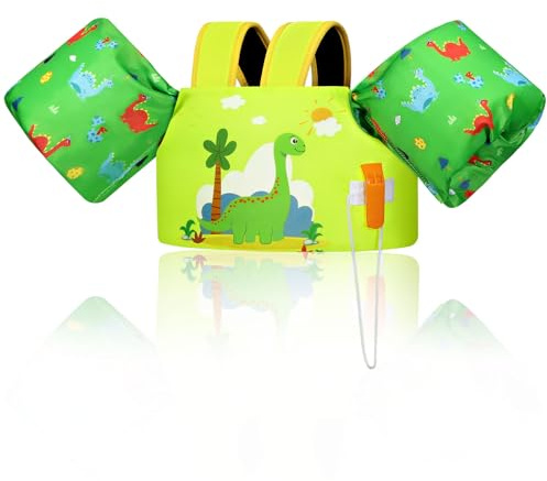MoKo Kinder Schwimmflügel, Cartoon Schwimmende Badeanzug Schwimmjacke, Schwimmtraining Jacke Schwimmflügel mit Schnalle für Jungen Mädchen 9 bis 22,6 kg, Gelblich Grüner Dinosaurier