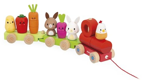 Janod Tren Tirador de Madera - Tema Granja - 3 Vagones y 19 Piezas - Juguete Tirador - Madera FSC y Pintura al Agua - para desarrollar la motricidad Fina - A Partir de 12 Meses, J03314