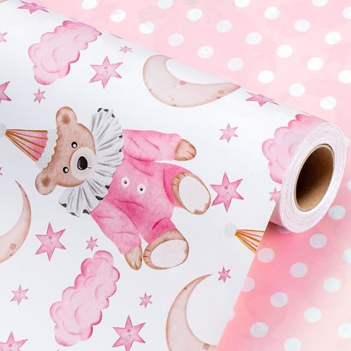 Wikadlik Carta da Regalo Carino Orsetto - Mini Rotolo 43cm x 10m - Carta da Imballaggio Rosa con Motivo Stelle, Luna, Nuvole e Pois per Compleanno di Ragazza, Festa di Celebrazione
