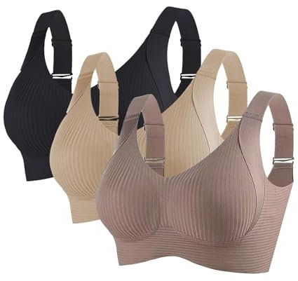 3 Pieces Sports Bras for Women Full Coverage Ribbed Seamless Bralettes Soft Breathable Lingerie Ladies Bra Adjustable Leisure Stretch Everyday Bra Underwear Plus Size Comfort Non Wired Bras