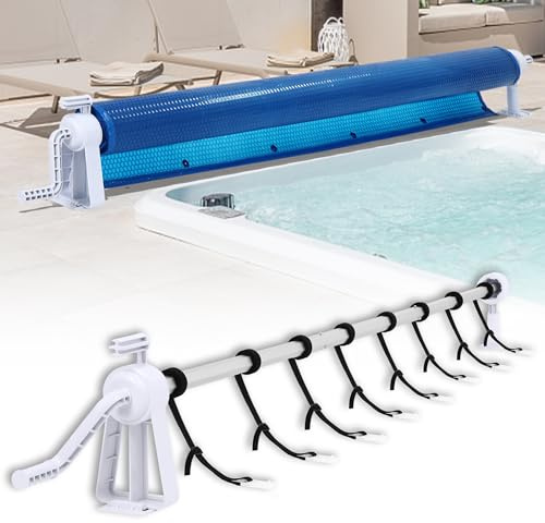 QEENTOE Kunststoff Aufrollsystem für Poolfolien Abdeckung 1,05m - 6,15 m Mobiles Aufrollvorrichtung Witterungsbeständig Pool Aufroller mit drehbarem Griff & Bänder aus witterungsbeständiges Material