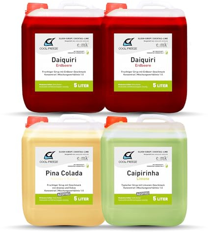 Cool Freeze Slush Sirup Set 4x5L – Daiquiri (Erdbeere), Piña Colada(Ananas Kokos), Caipirinha (Limone) – Cocktail Line Deluxe Summer Edition – alkoholfrei – mit Fruchtsaftkonzentrat – Made in Germany