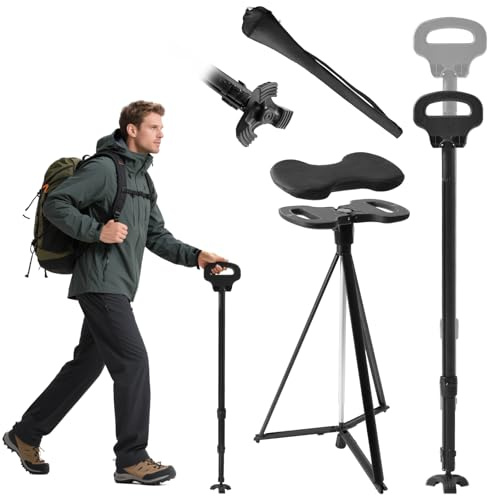 DENMOSTY Height Adjustable Walking Shooting Stick with Seat for Women & Men, Folding Walking Sticks Chair for Adults with Cushion, Foldable Portable Cane Chair, Sticks Stool Seats for Ladies & Elderly