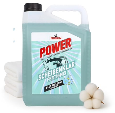 NIGRIN POWER Scheibenklar Fertigmix Frische Wäsche | 5 Liter | Reinigungszusatz, Scheibenreiniger für Autoscheiben und Scheinwerfer, entfernt hartnäckige Verschmutzungen, schlierenfreie Sicht, ab 5 °C