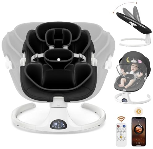 Hamaca eléctrica Bebe con arnés de 5 puntos, 5 modos de balanceo, temporizador de 3 niveles, mando a distancia y música, se puede utilizar en interiores y exteriores (negro)