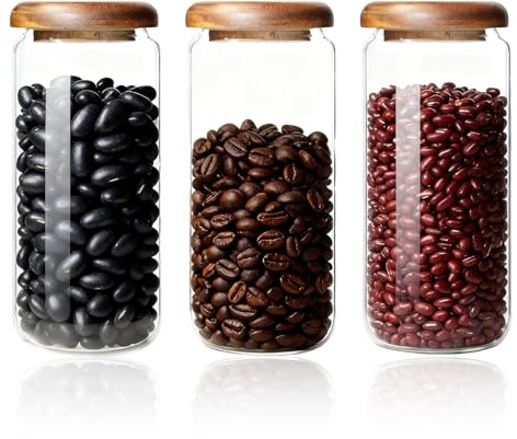 Set aus 3 Vorratsgläsern mit Deckel,900 ml luftdichte Glasbehälter,großvolumiges Vorratsglas mit Akazienholzdeckel für Müsli,Zucker,Honig,Kaffeebohnen