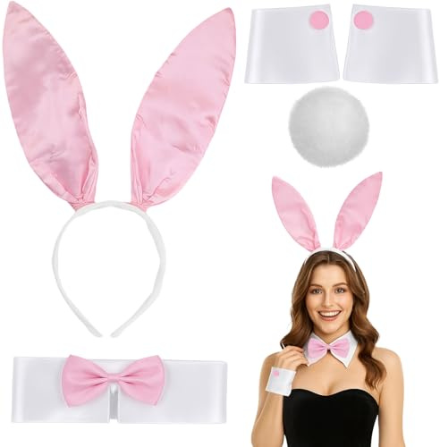 MUNSKT Costume de Lapin Set,Bandeau d'Oreille de Lapin Nœud Papillon Gants Manchettes Queue,Ensemble Déguisement de Lapin Halloween Noël Pâques Noël Cosplay Fetes (Pink)