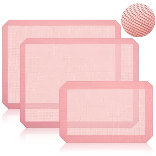 Ferrochef 3 Pack Perforated Silicone Baking Mat, Non Stick Pink Baking Mats 2 Half Sheets 16.5x11.6 & 1 Quarter Sheet, Food Reusable Safe Oven Liners Mats for Making Cookies, Macaroons, Bread