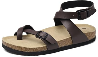Mesing Sandales Tongs Femme Été Plates en Liège Mules avec Boucle Bride de Cheville Nu-pieds Confortable Cuir Suédé Pantoufles XZH12-Brown1-EU37
