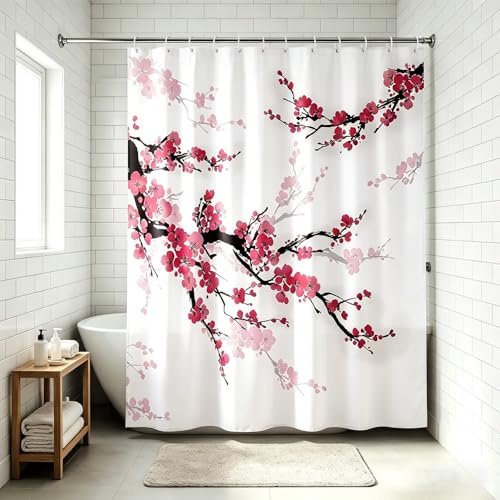 Dsnyu Duschvorhang 200x180 Textil Waschbar, Duschvorhang Blumen Rosa | Kirschblüten Japanisch Shower Curtain Badevorhang Weiß Polyester für Badzimmer